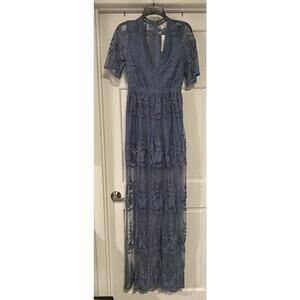 Pink Lily NWT Women Small Blue Gauzy Romper Overlay Cottagecore V Neck Maxi boho